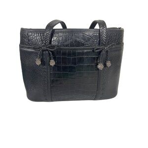 Brighton Black Leather Crocodile Print Embossed Satchel Bag